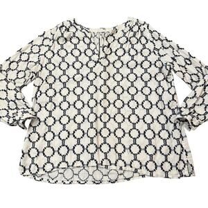 LOFT Womens softened shirt, white blouse with textured navy geo pattern, XL